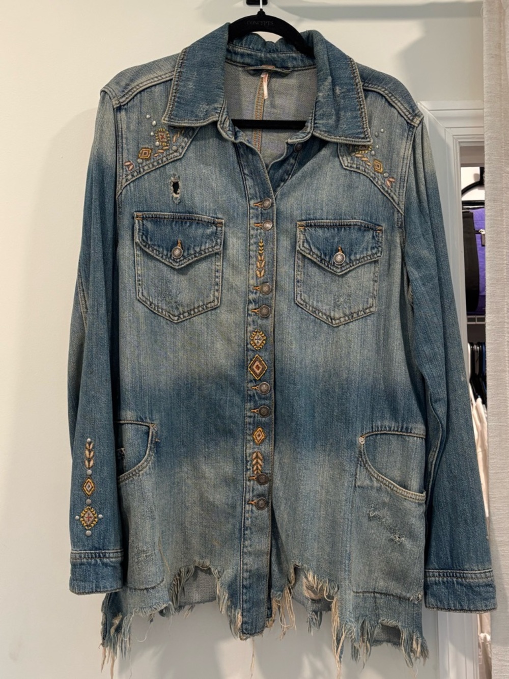 Free People Blue Embellished Distressed Denim Jacket